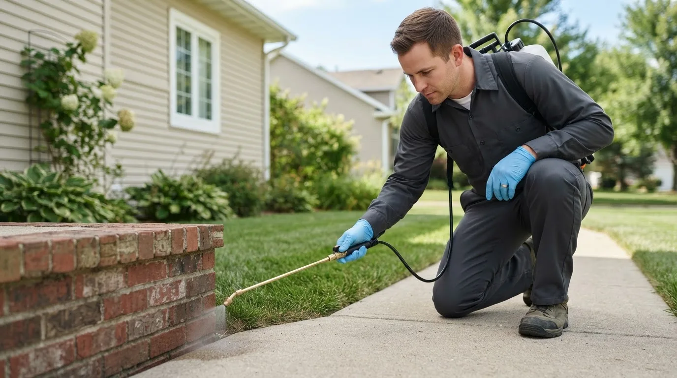 Pest control technician treating a home near Powers, MI