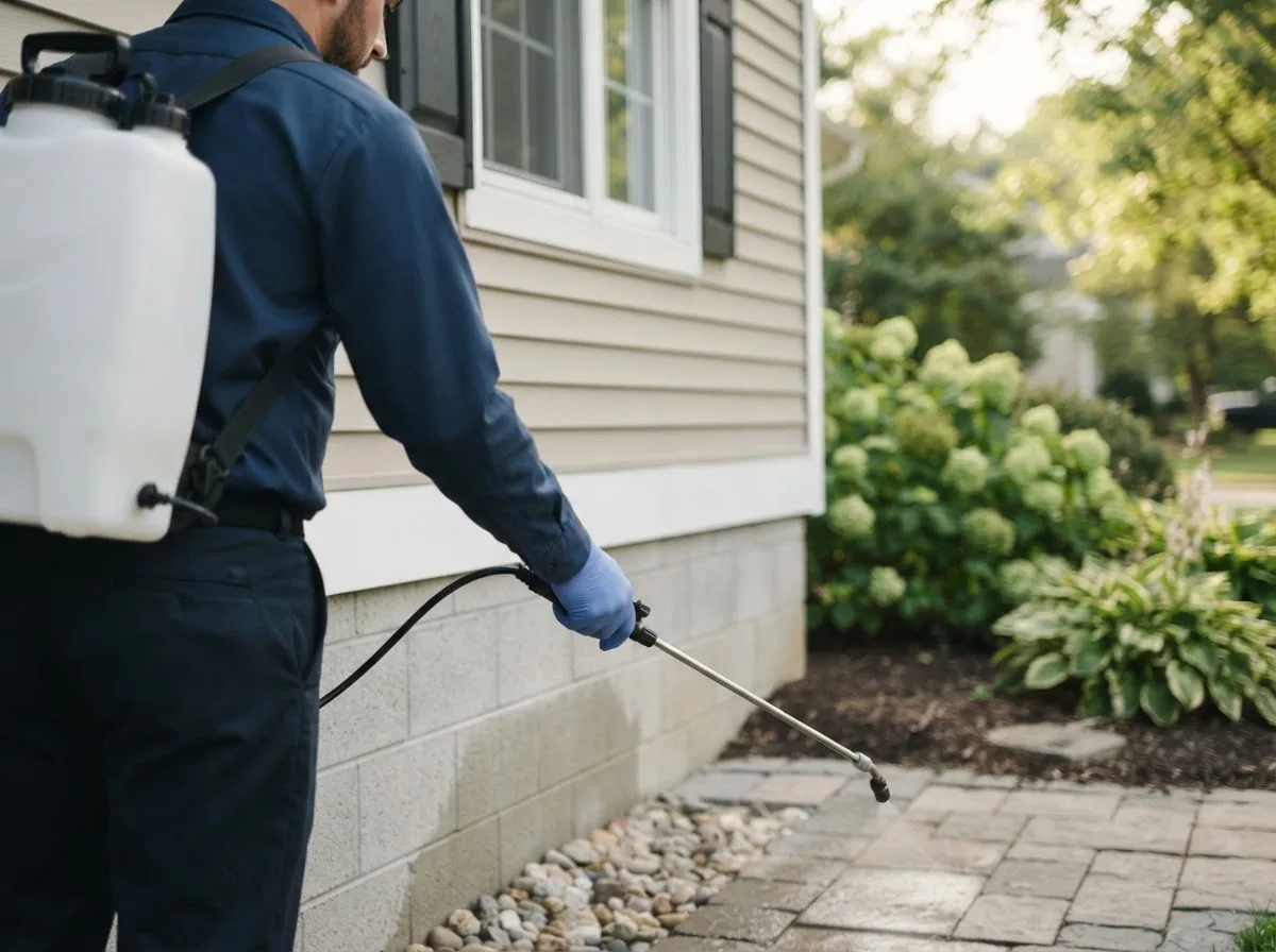 Pest control technician inspecting a home in Powers, MI